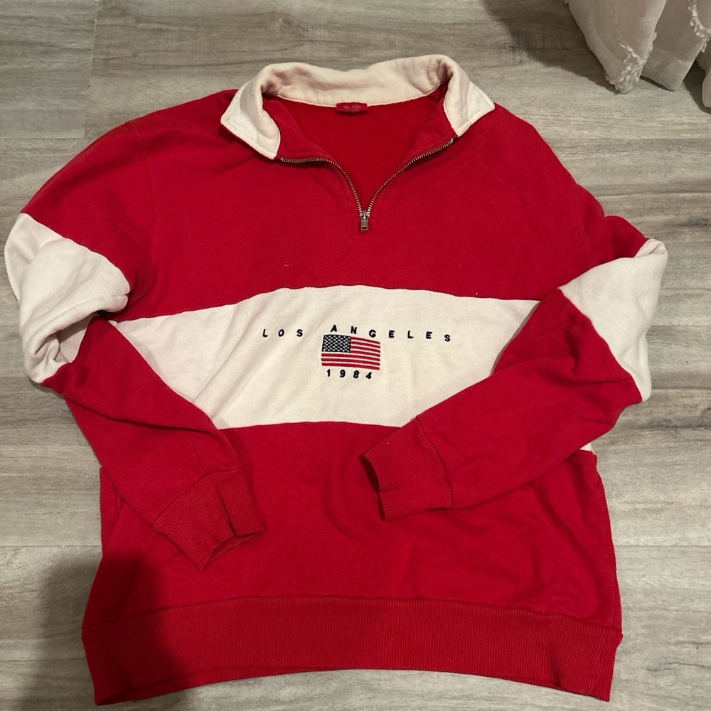 Brandy Melville Red and White Zip-Up Sweater